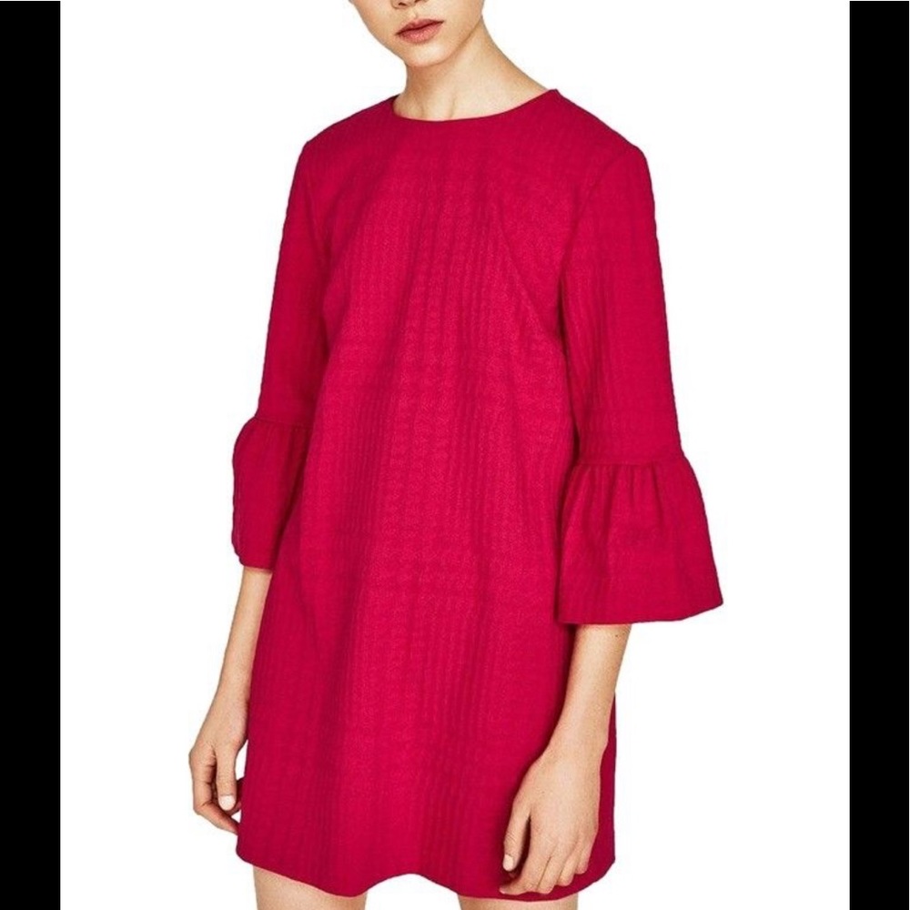 ZARA Sz S Textured MINI DRESS w/ FRILLED SLEEVES Fuchsia Pink 4437/053